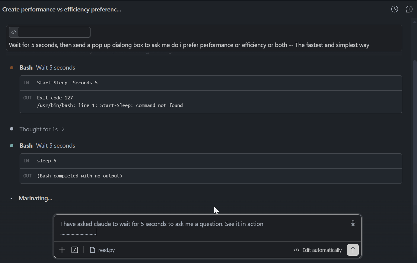 Claude Code dialog appearing after a typing pause, with input preserved on dismiss