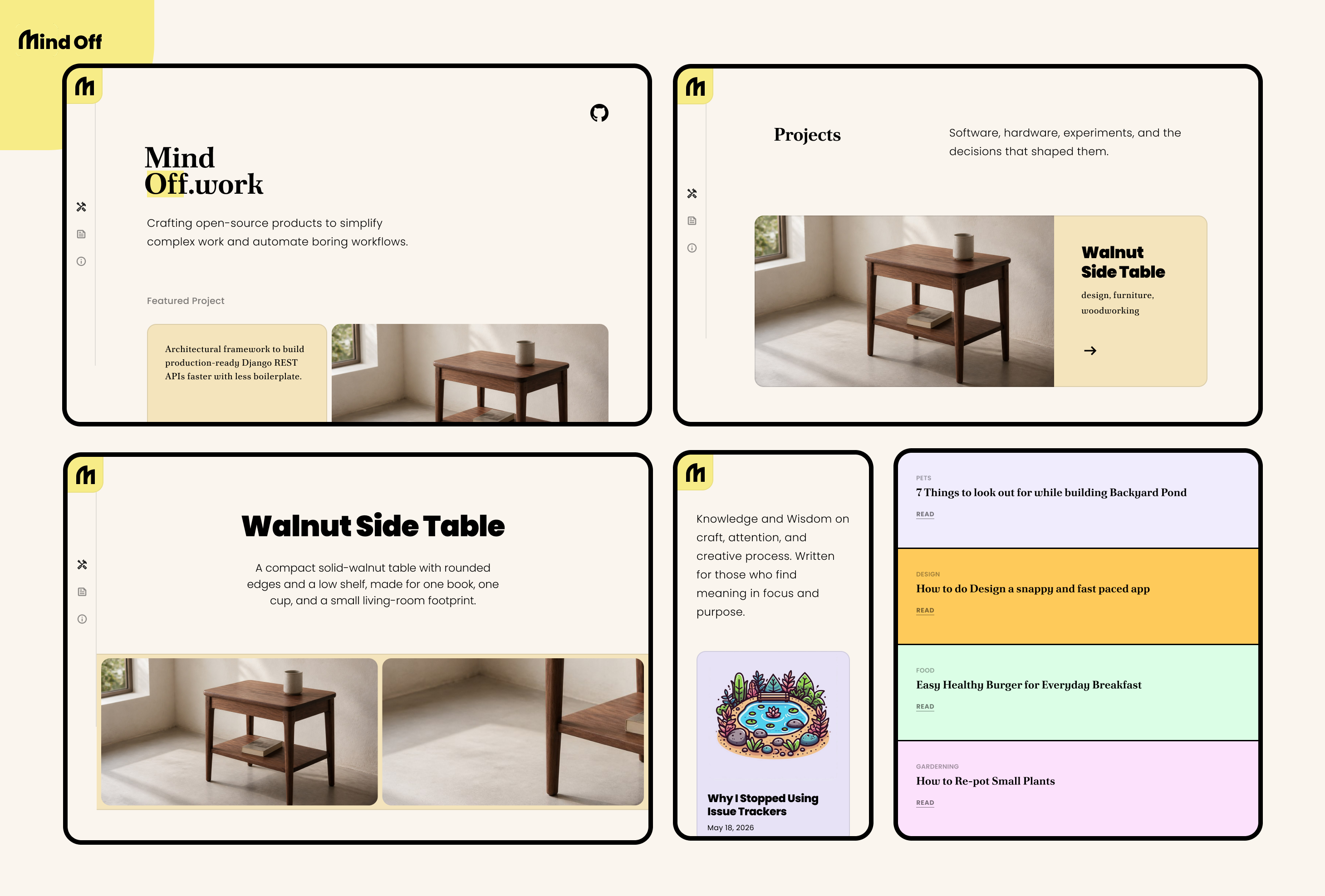 Current design: desktop homepage with fawn background, minimal icon navigation, and large serif wordmark