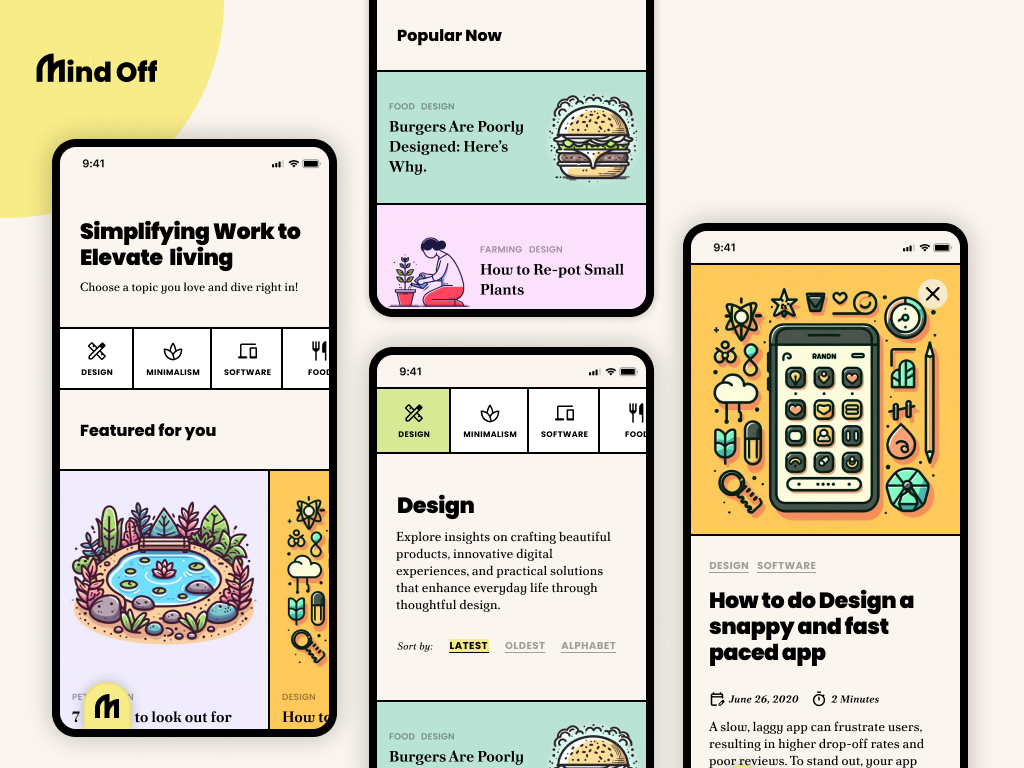 Original concept: mobile app interface with dark-outlined illustrations, colorful category tabs, and dense card grids